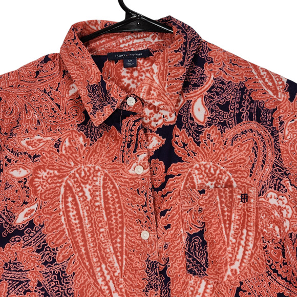 Tommy Hilfiger S Paisley Button Up Shirt Women Orange Blue Roll Tab Sleeves BOHO - Picture 7 of 14